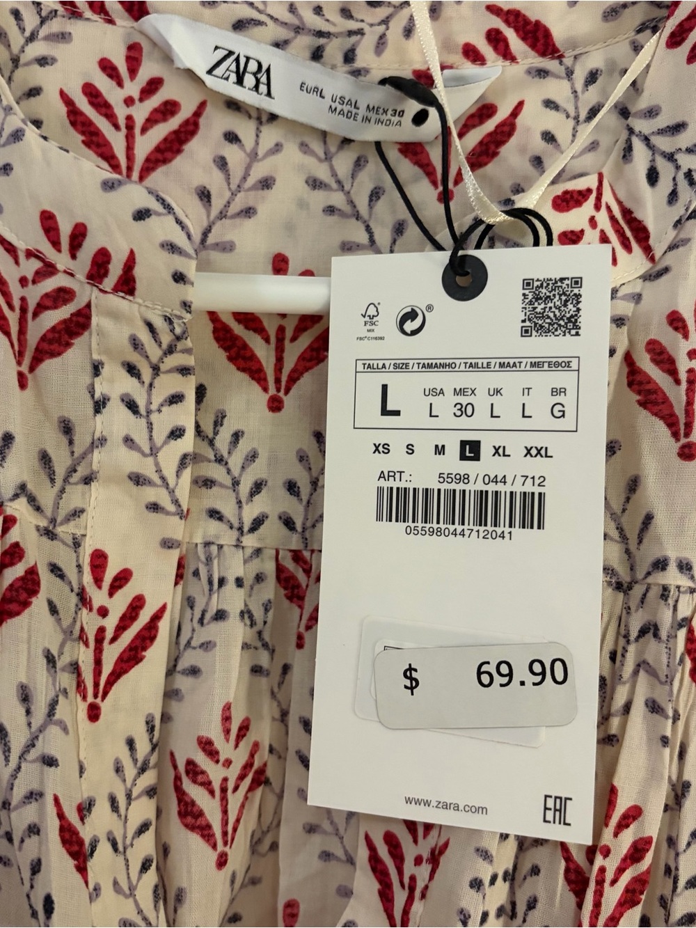 Zara Midi Floral Print V-Neck Dress in Cream and Red - Lightweight - NWT - SZ L - Picture 7 of 11